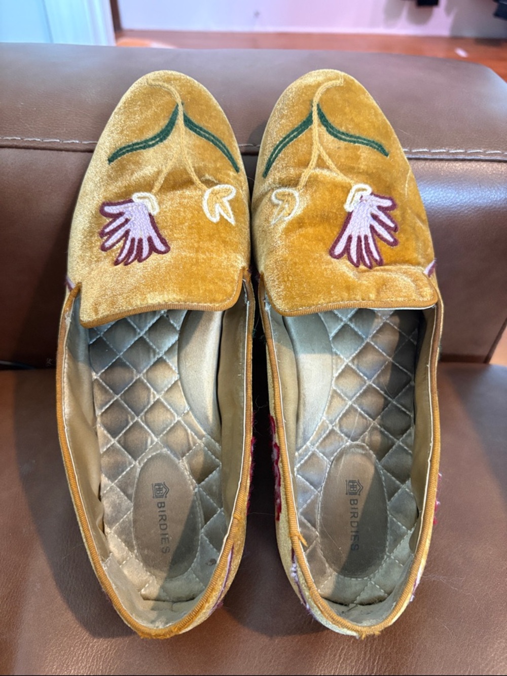 Birdies Mustard Velvet Floral Embroidered Slip-Ons